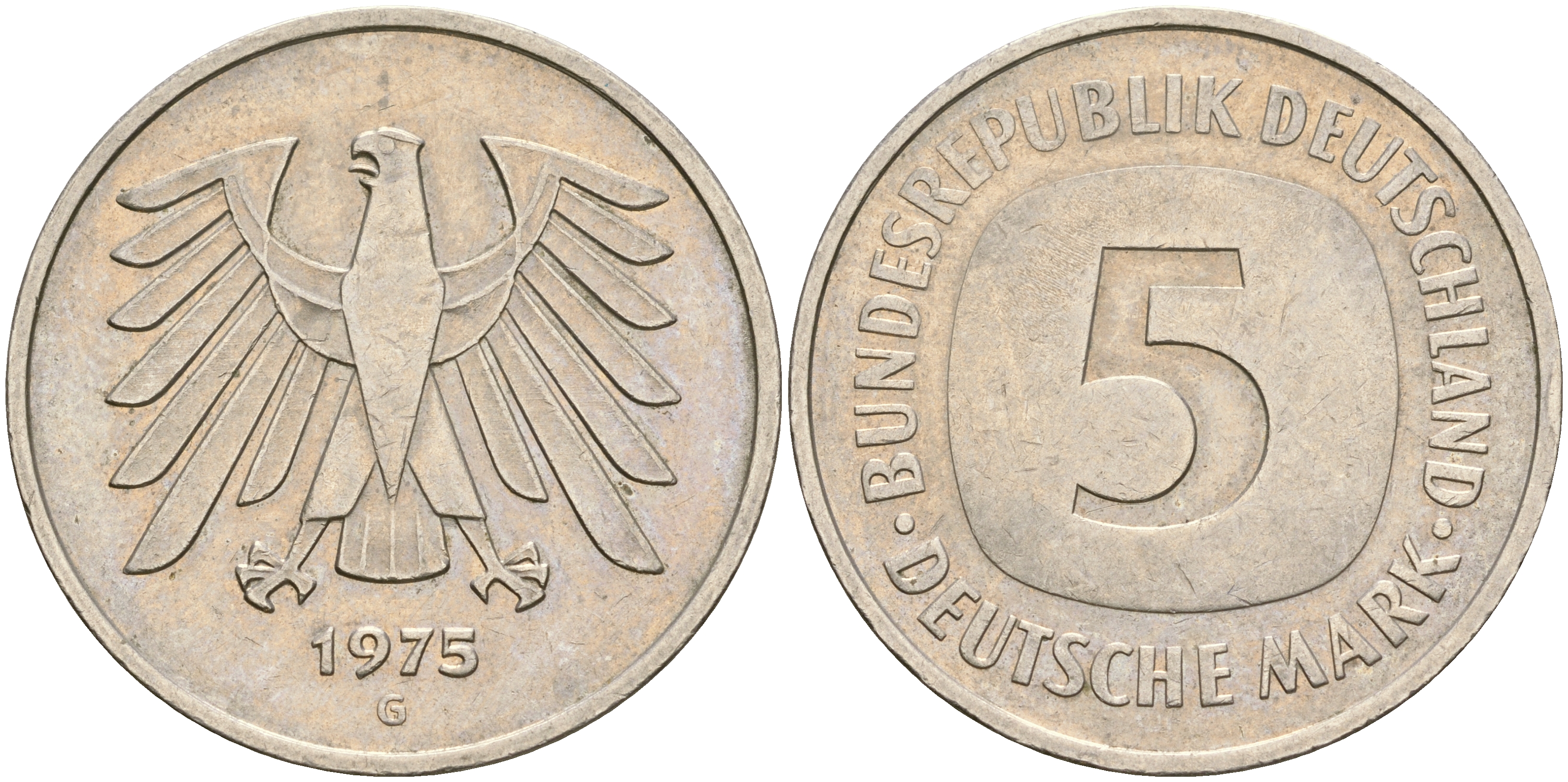 ФРГ 5 марок 1975 G, монетный двор Карлсруэ КМ 140.1, J. 415 медно-никель плакированный никелем 4607-142