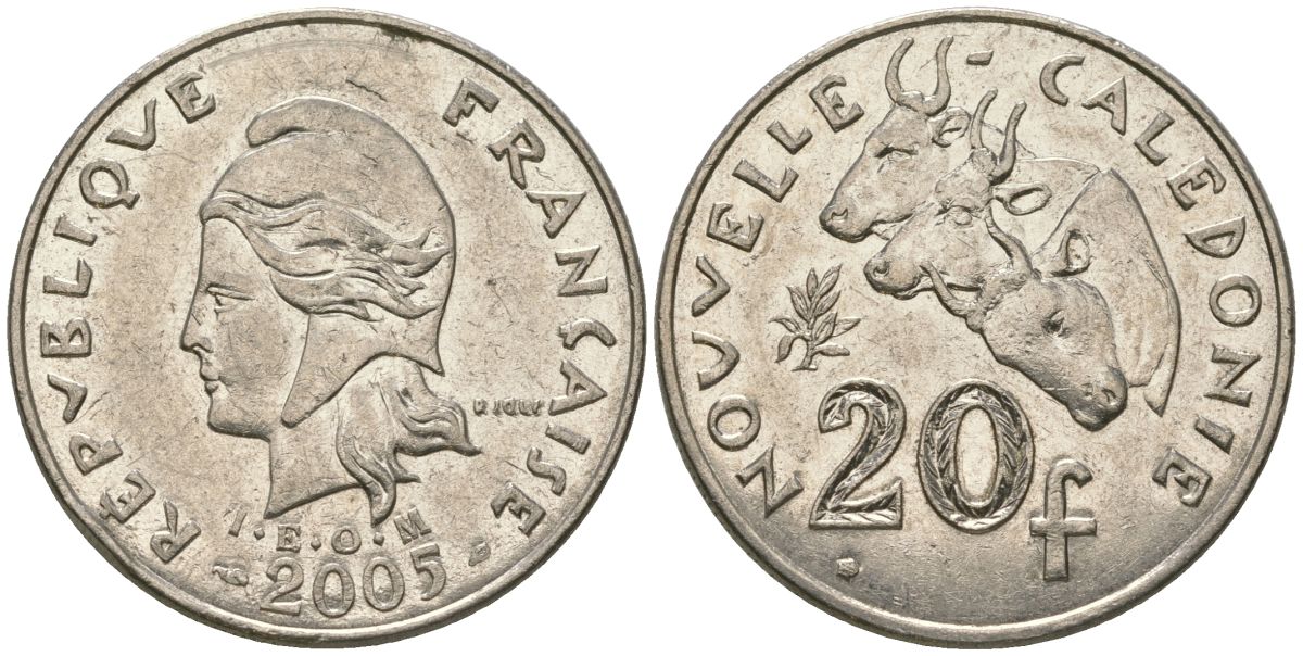 Французская Новая Каледония 20 франков 2005 три быка, (IEOM) KM 12, Schoen 14, Lec 115i никель 81-846