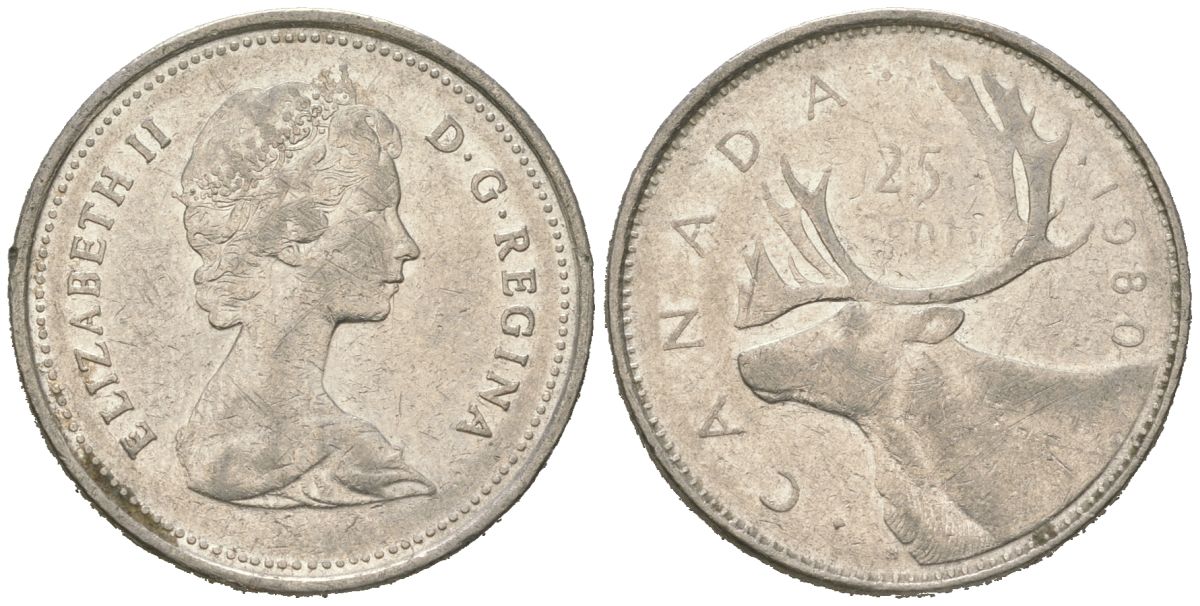 Канада 25 центов 1980 олень карибу, Елизавета II (1952-2022) KM 74 никель 4616-1014