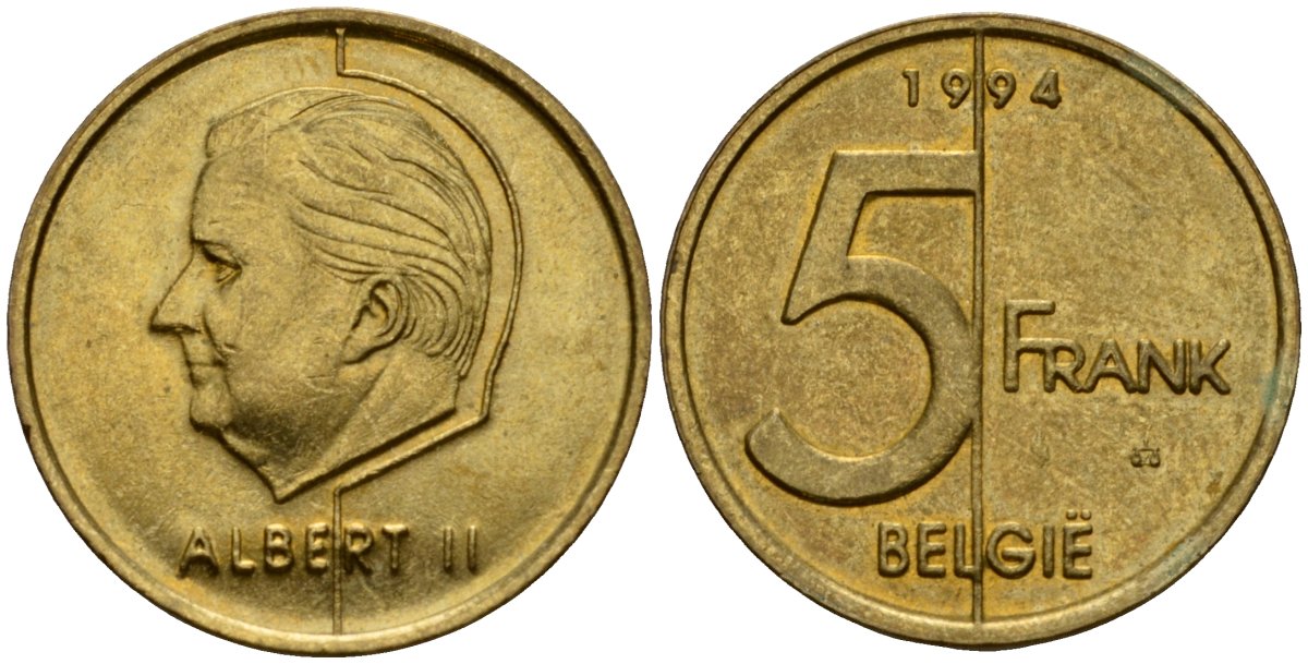 Бельгия 5 франков 1994 Belgie, Альберт II (1994-2013) KM 190 алюминиевая бронза 4601-322