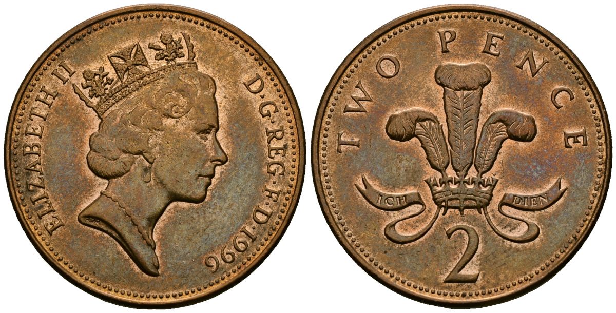 Великобритания 2 пенса 1996 Елизавета II (1952-2022) KM 936a, Spink 4376 (C4) сталь плакированная медью 3333-1114