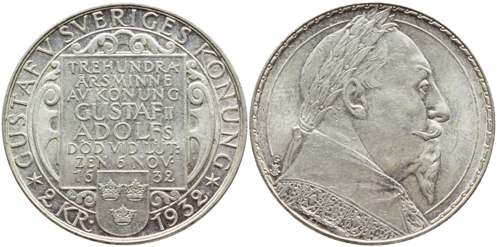 Швеция 2 кроны 1932 G, Густав V, 300 лет со дня смерти Густава II Адольфа KM 805 серебро 1530-1124