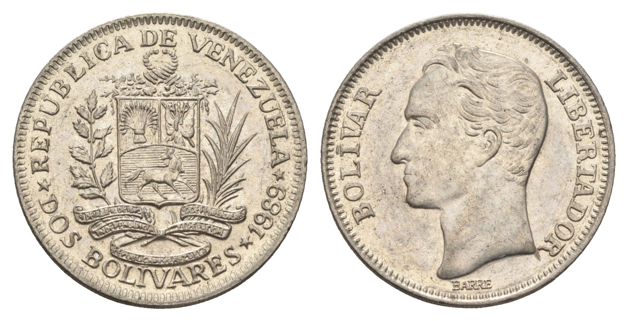 Венесуэла 2 боливара 1989 Симон Боливар Y 43a сталь плакированная никелем 4662-937