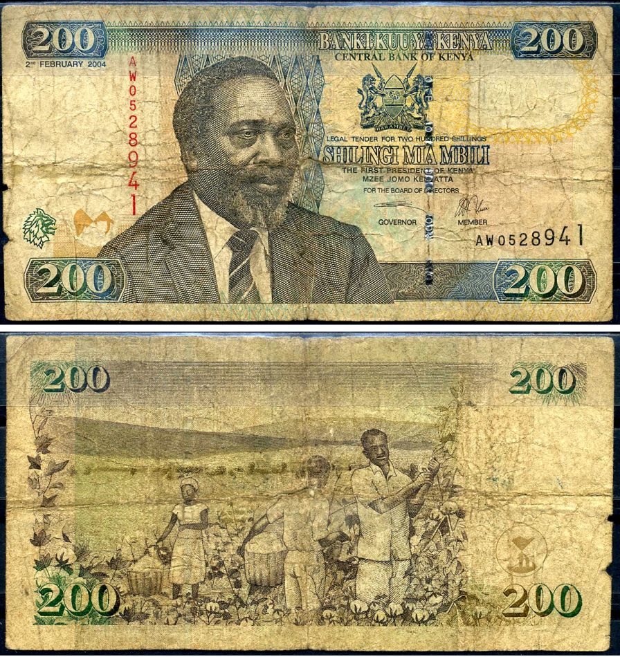 Кения 200 шиллингов 2004 02.02.2004, 1-й президент Джомо Кениата (1964-1978) Pick 43 a бумага 7214-33-2-2