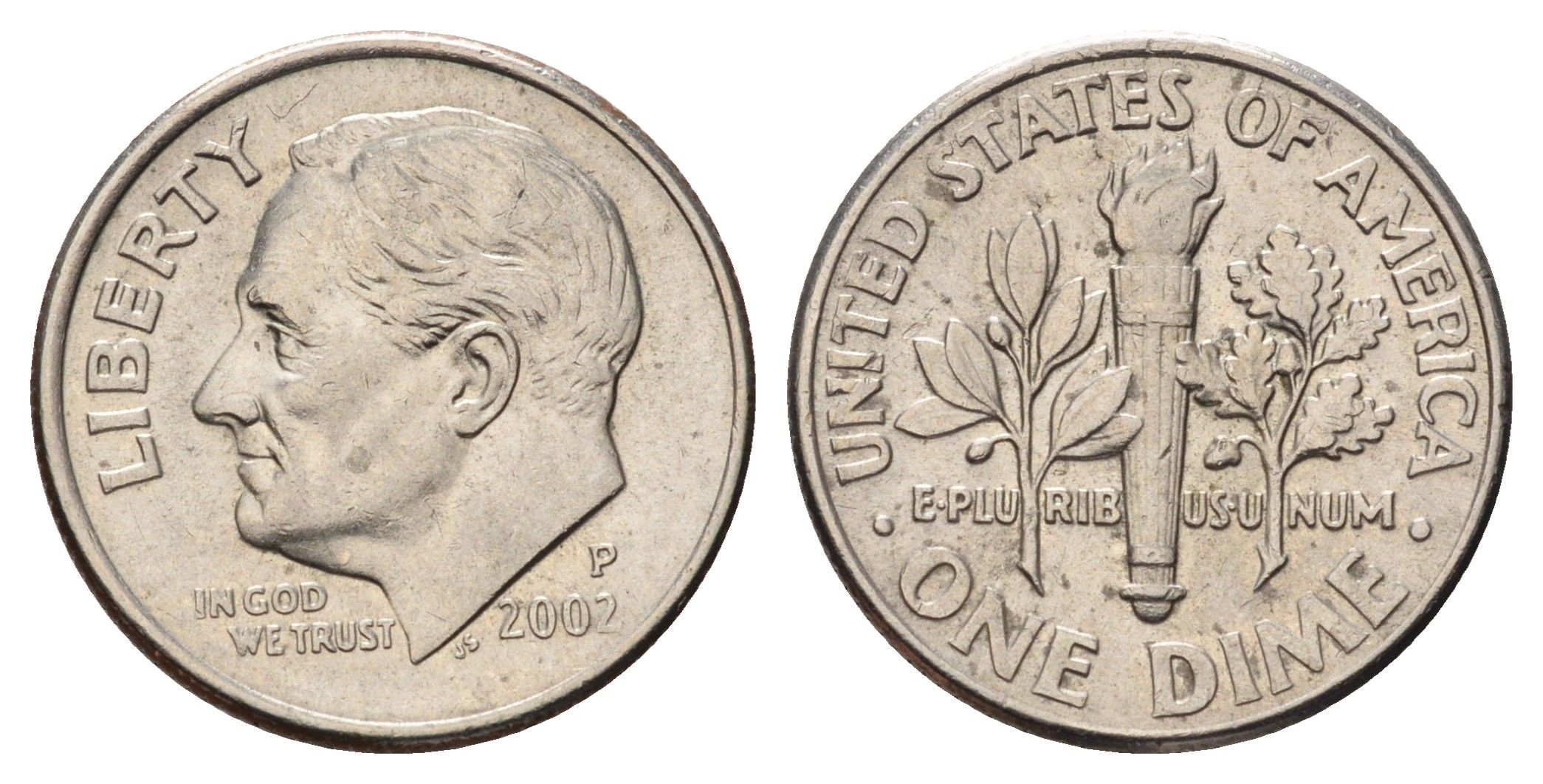 США 1 дайм (10 центов) 2002 P, Рузвельт KM 195a медь плакированный медно-никелем 4682-355