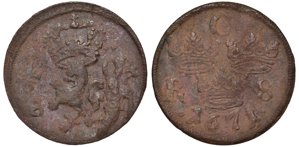Швеция 1/6 эре 1671 Карл XI (1660-1697) была в обращении на территории России KM 254 медь 4177-411