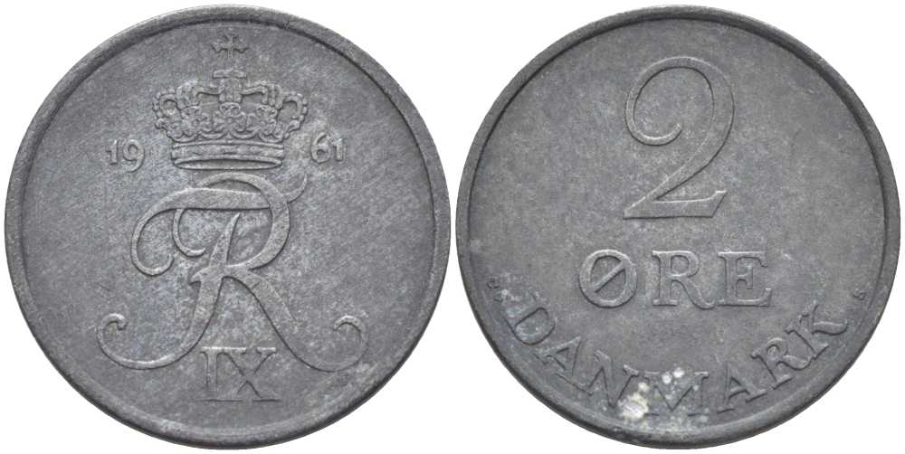 ДАНИЯ 2 ЭРЕ 1961 C; S, ФРЕДЕРИК IX (1947-1972) KM 840.2 цинк 67-316