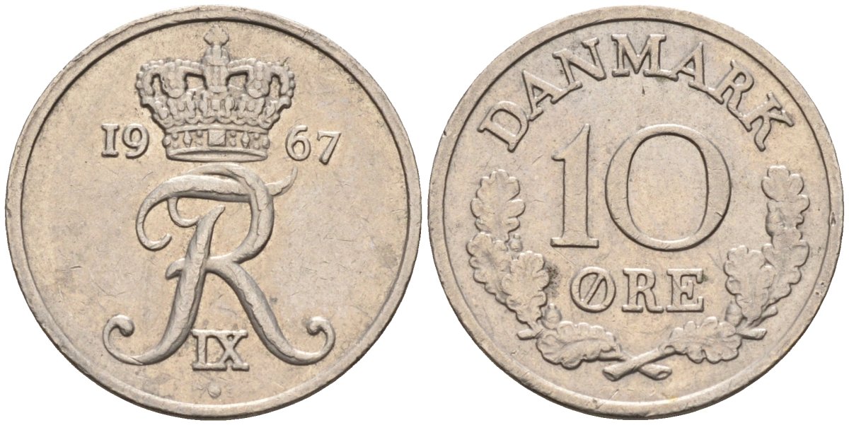 Дания 10 эре 1967 C; S, Фредерик IX (1947-1972) KM 849.1 медно-никель 4580-312