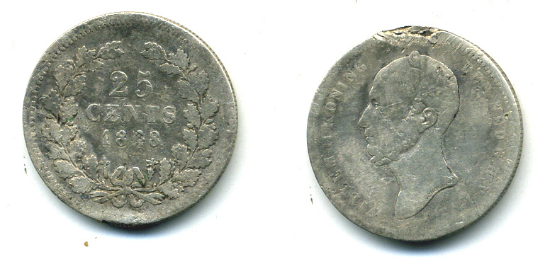 НИДЕРЛАНДЫ 25 ЦЕНТОВ 1848 ВИЛЬЯМ II, ТОЧКА ПОСЛЕ ДАТЫ KM 76 серебро 71-338