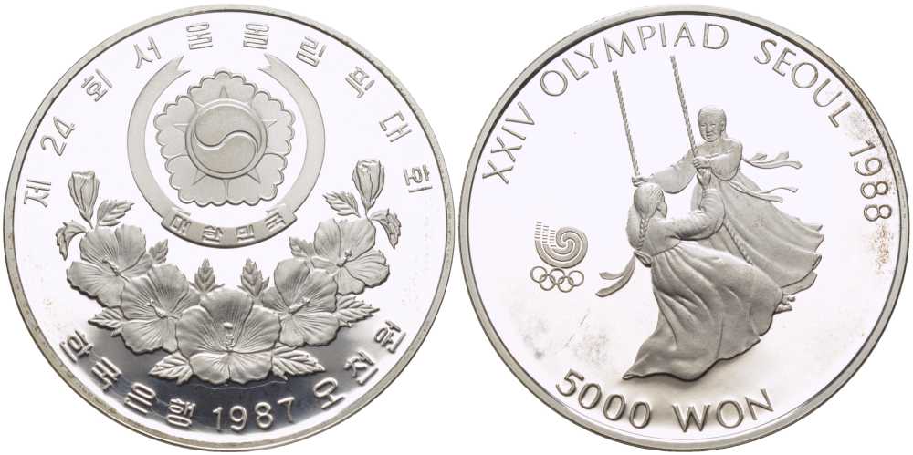 Южная Корея 5000 вон 1987 XXIV Летние Олимпийские игры в Сеуле 1988 года, девушки на качелях KM 67 серебро PROOF 1076-10-53