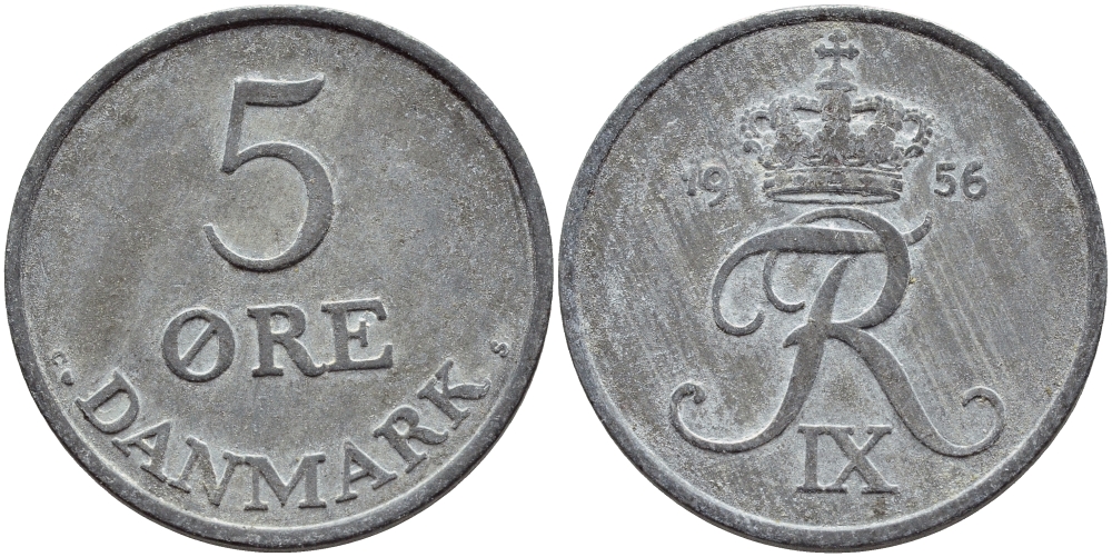 ДАНИЯ 5 ЭРЕ 1956 C; S, ФРЕДЕРИК IX (1947-1972) KM 843.2 цинк 41-231