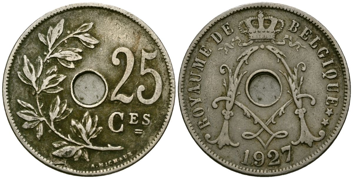 Бельгия  25 сантимов 1927 Belgique KM 68 медно-никель 4582-1212