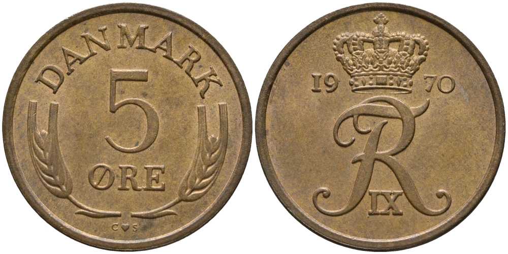ДАНИЯ 5 ЭРЕ 1970 C; S, ФРЕДЕРИК IX (1947-1972) KM 848.1 бронза 175-713