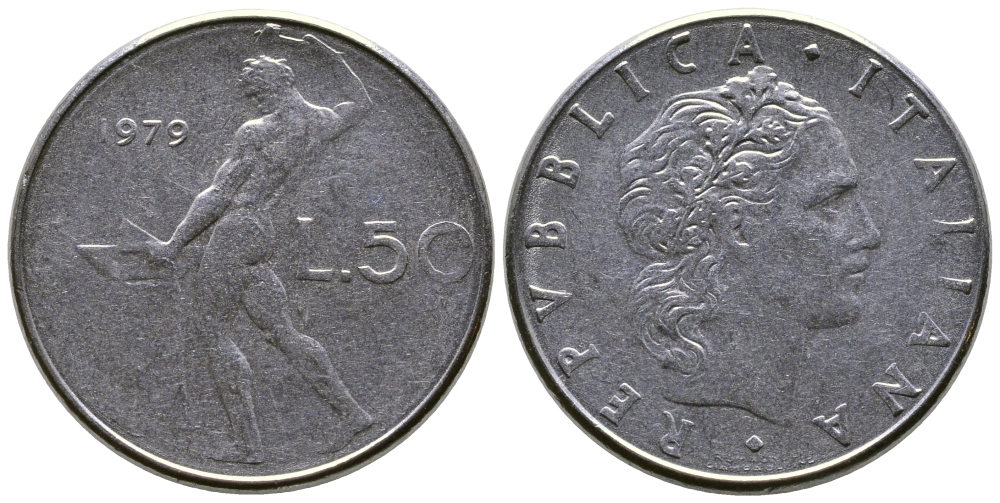 Италия 50 лир 1979 R, бог огня Вулкан у наковальни KM 95.1 нержавеющая сталь    4606-143