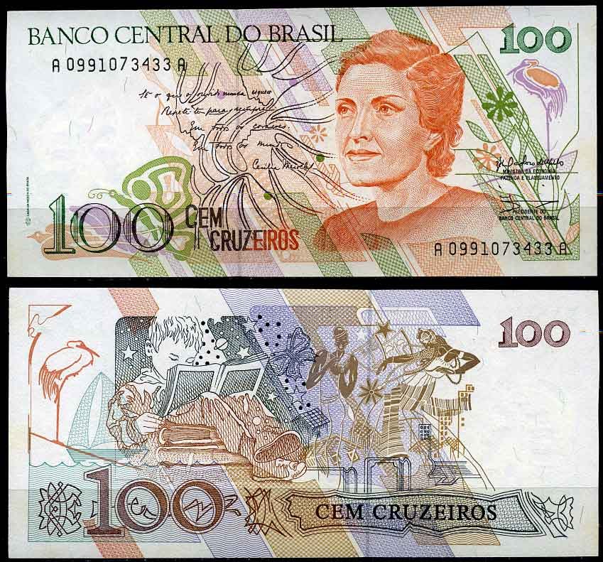 Бразилия 100 крузейро 1990 серия A 0991, Сесилия Мейреллеш Pick 228 бумага UNC (пресс) 2197-43-1-2