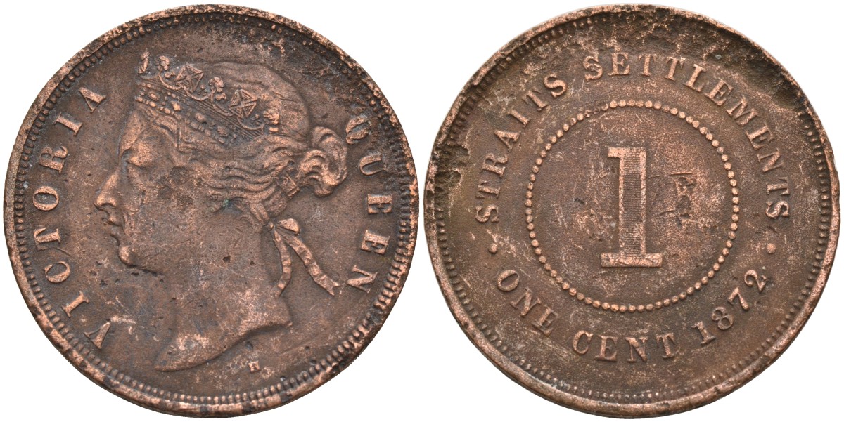 Стрейтс-Сетлментс 1 цент 1872 Виктория (1837-1901), Ост-Индская компания KM 9 медь 4590-315