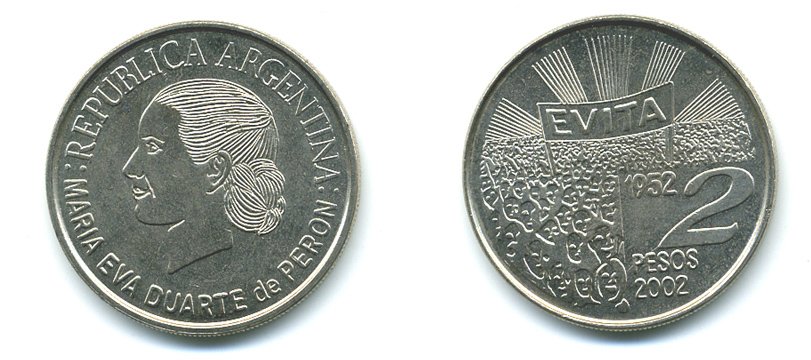 Аргентина 2 песо 2002 Мария Эва Дуарте де Перон KM 135 медно-никель UNC 37-735