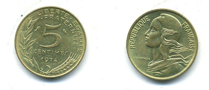 ФРАНЦИЯ 5 САНТИМОВ 1974 ТИП MARIANNE KM 933, LE FRANC 125.10 алюминиевая бронза 84-1536
