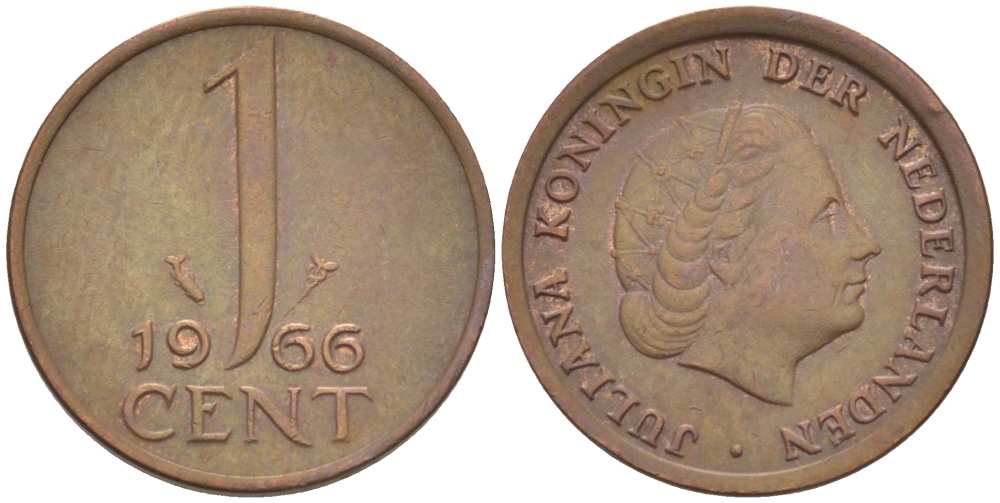 НИДЕРЛАНДЫ 1 ЦЕНТ 1966 КОРОЛЕВА ЮЛИАНА KM 180 бронза 3955-129