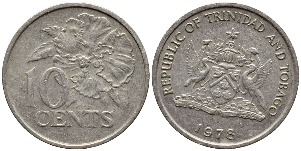 Тринидад и Тобаго 10 центов 1978 цветок гибискуса KM 31 медно-никель 4396-866