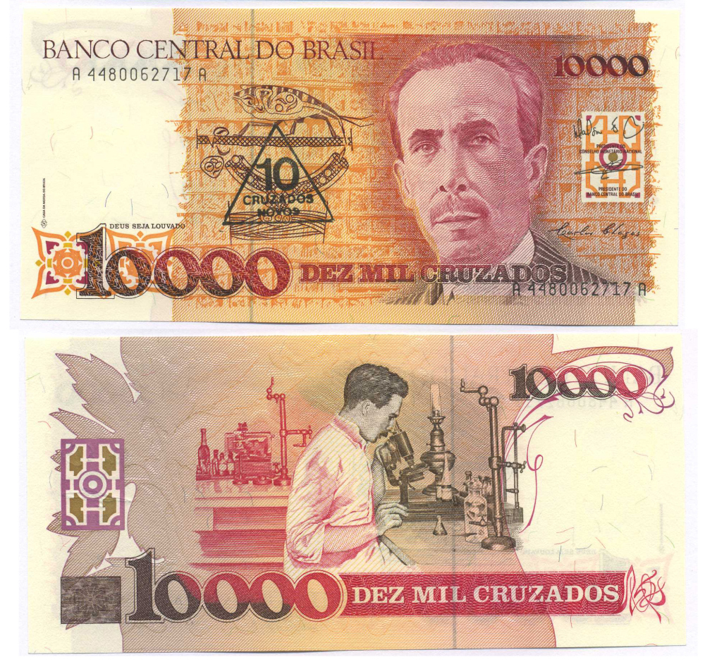 БРАЗИЛИЯ 10 КРУЗАДО НОВЫХ 1990 НАДПЕЧАТКА НА 10000 КРУЗАДО, СЕРИЯ А 4480, ПОДПИСЬ 27, КАРЛУС ШАГАС БРАЗИЛЬСКИЙ МЕДИК Pick 218b бумага UNC (ПРЕСС) 8595-35-2-1