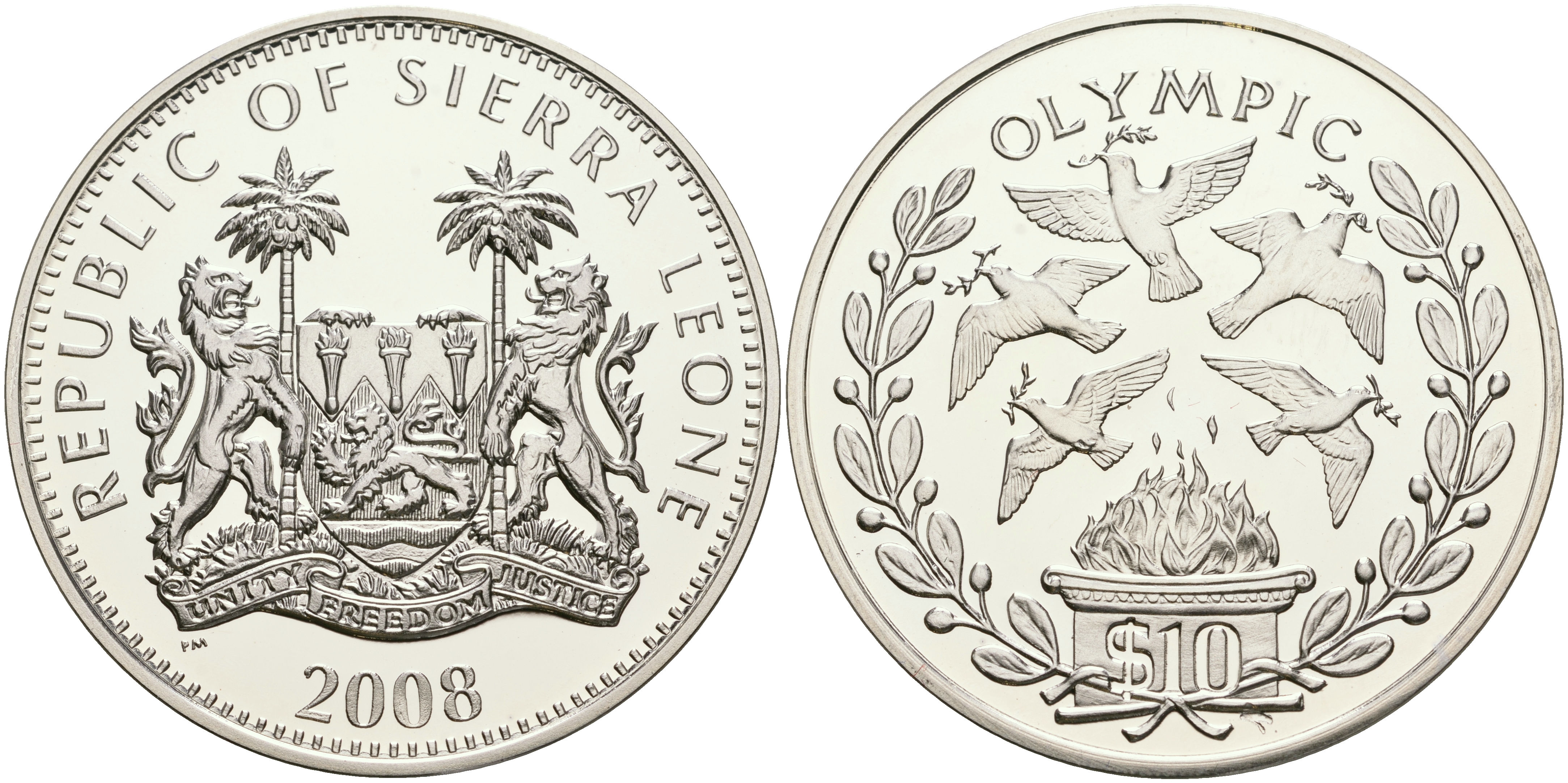 Сьерра-Леоне 10 долларов 2008 XXIX летние Олимпийские игры, Пекин 2008 - Голубь мира UC 229 серебро PROOF 1068-2-61