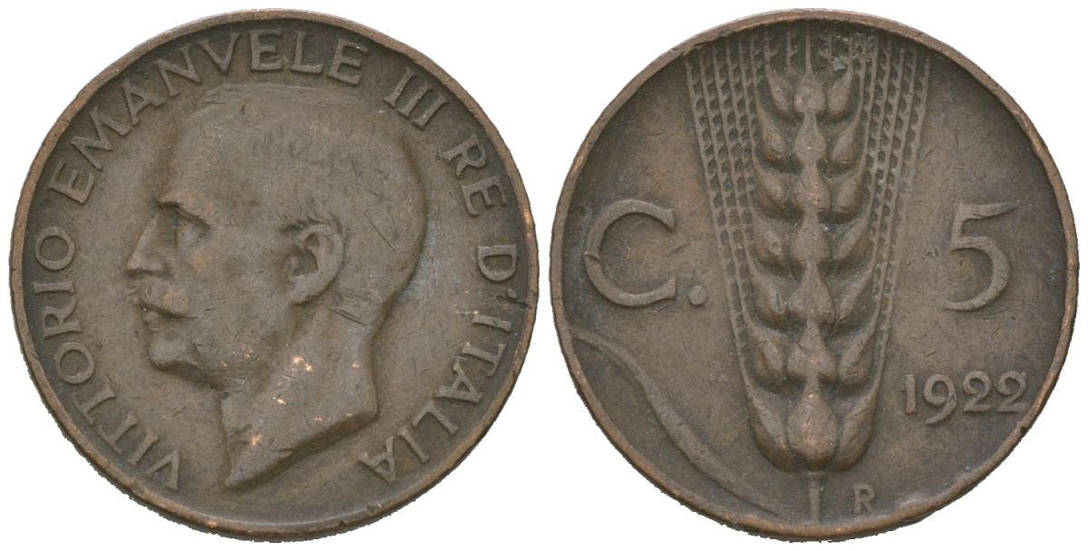 Италия 5 чентезимо 1922 R, Виктор Эммануил III (1900-1946) KM 59 бронза 4615-621