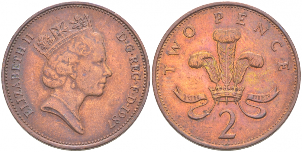 Великобритания 2 пенса 1987 Елизавета II (1952-2022) KM 936, Spink 4376 (C3) бронза 77-455