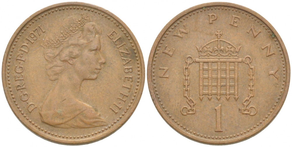 Великобритания 1 пенни 1971 Елизавета II (1952-2022) KM 915, Spink 4237 (B1) бронза 3955-313