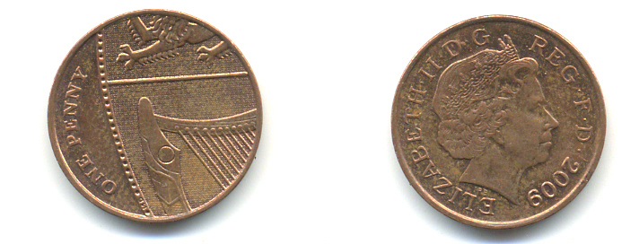 Великобритания 1 пенни 2009 Елизавета II (1952-2022) KM 1107, Spink B6 сталь плакированная медью 177-1153