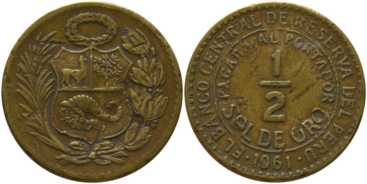 Перу 1/2 соль 1961 KM 220.5, Schon 23 латунь 4539-426