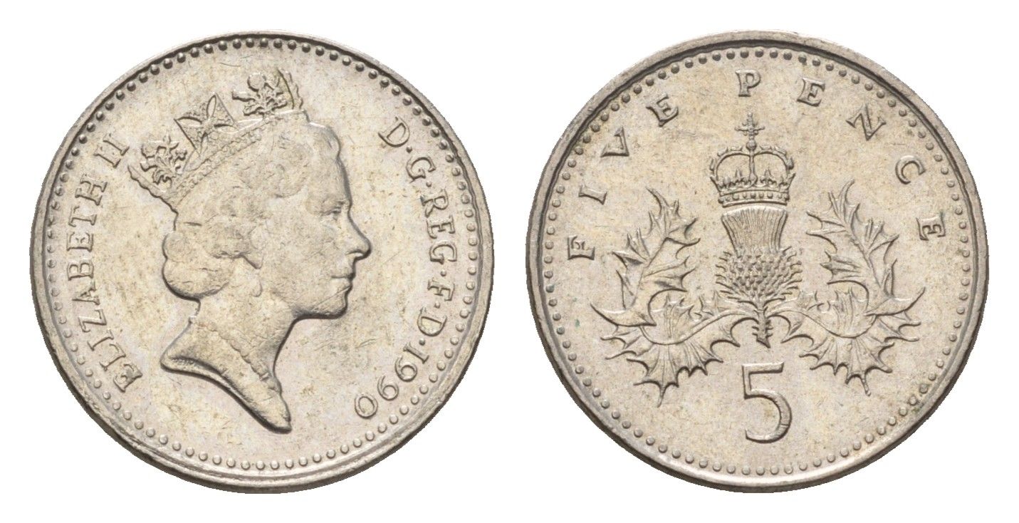 Великобритания 5 пенсов 1990 Елизавета II (1952-2022) KM 937b, Spink 4372 (D4) медно-никель 4684-1028