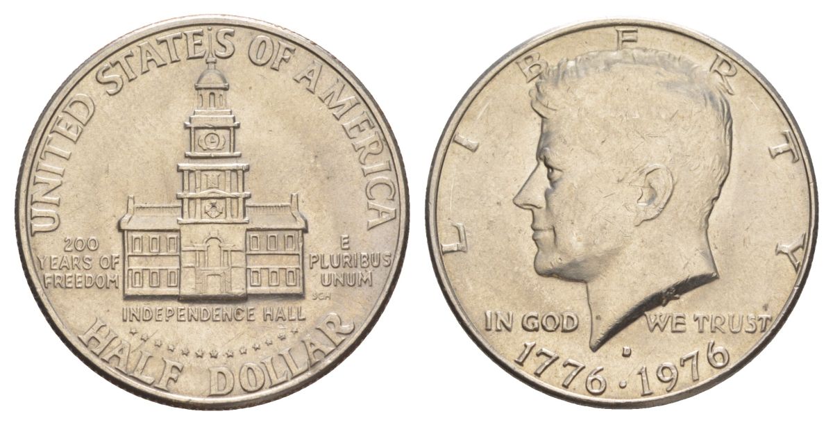 США 1/2 доллара (50 центов) 1976 D, 200 лет независимости, Джон Кеннеди KM 205 медь плакированная медно-никелем aUNC 4545-1144