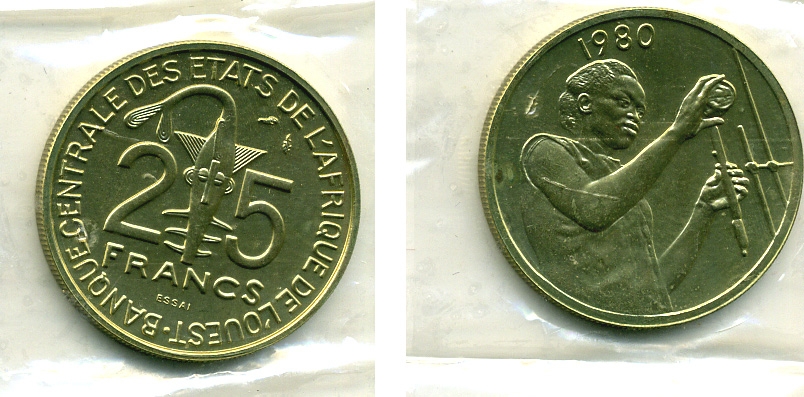 Западно-Африканские штаты 25 франков 1980 пробник, ESSAI, в оригинальной упаковке КМ E9 алюминиевая бронза UNC 5010-312