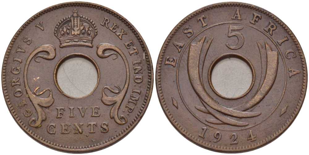 Британская Восточная Африка 5 центов 1924 Георг V (1910-1936) KM 18 бронза 117-922