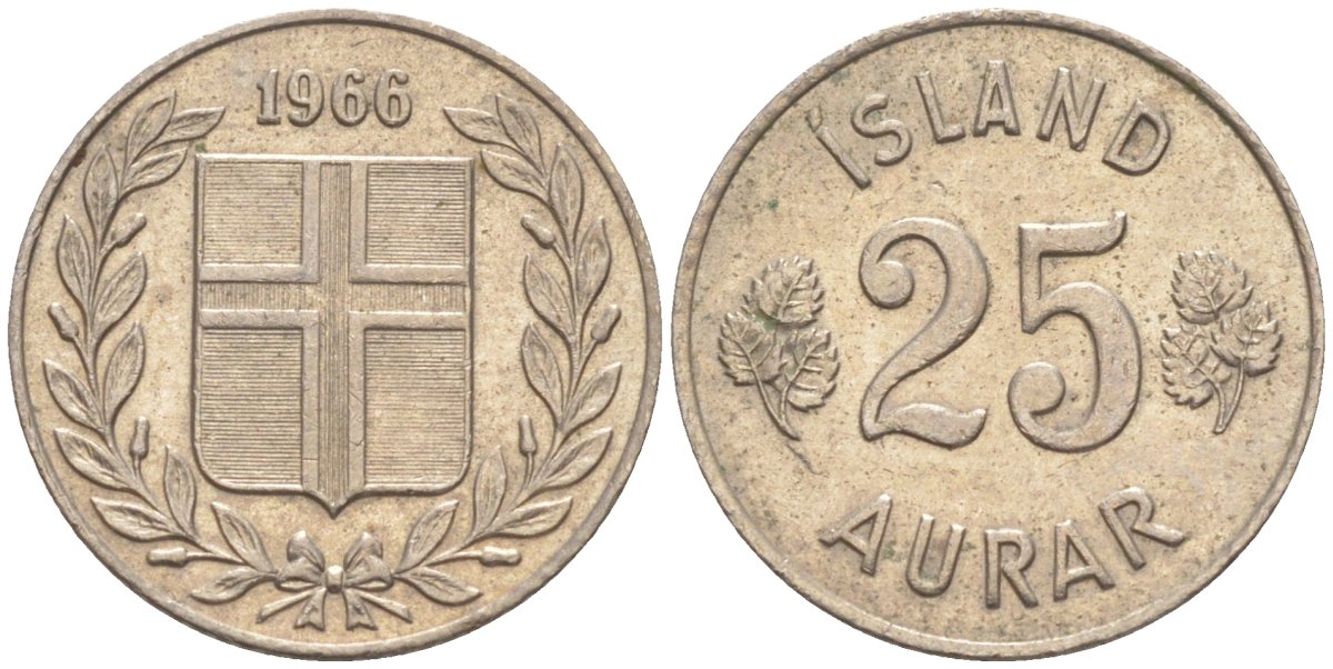 Исландия 25 эйре 1966 KM 11 медно-никель 187-368