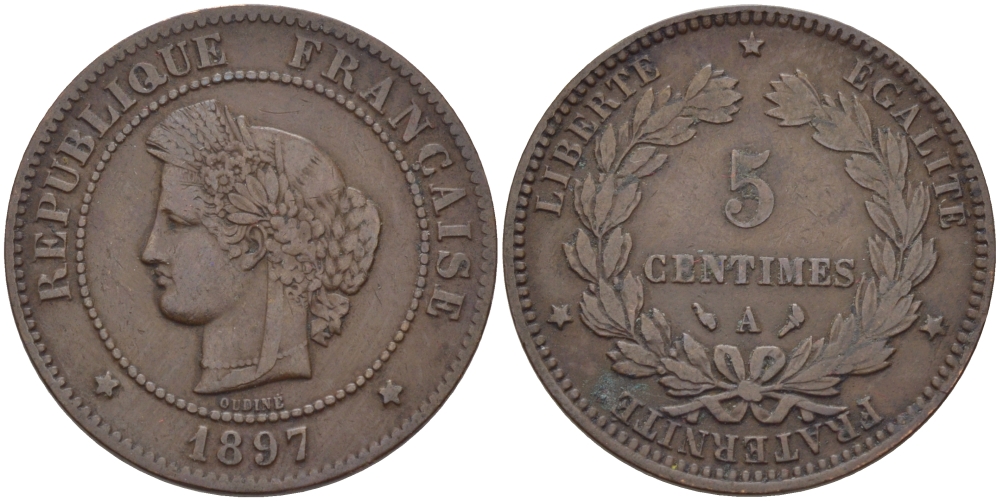ФРАНЦИЯ 5 САНТИМОВ 1897 A, ТРЕТЬЯ РЕСПУБЛИКА (1871-1940) KM 821.1, LE FRANC 118.41 бронза 28-554