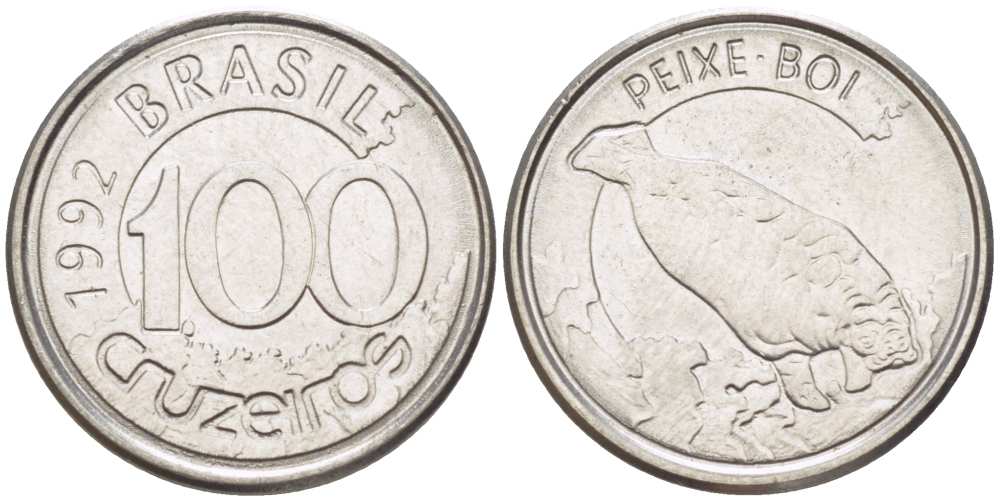 БРАЗИЛИЯ 100 КРУЗЕЙРО 1992 РЕФОРМА 1990-1993, ЛАМАНТИН KM 623 нержавеющая сталь 4387-843