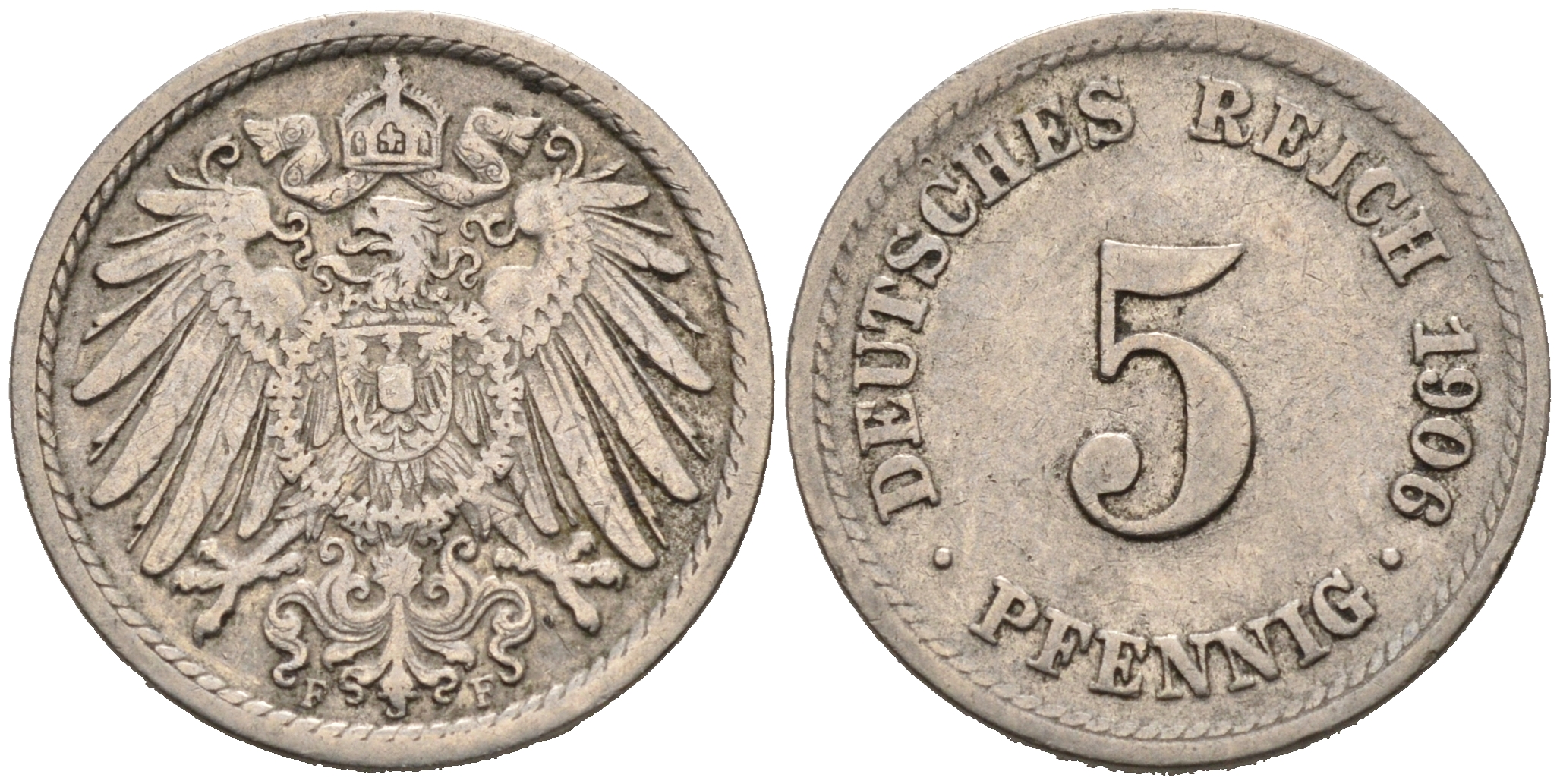 ГЕРМАНИЯ 5 ПФЕННИГОВ 1906 F, KM 11, J. 12 медно-никель 75-861