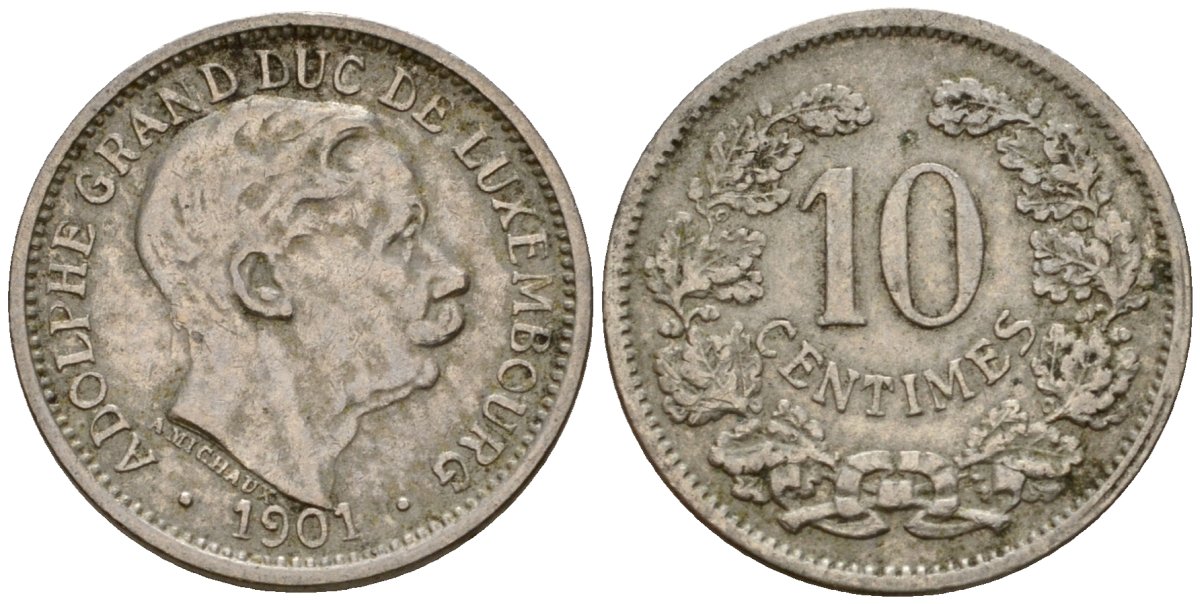 Люксембург 10 сантимов 1901 Адольф (1890-1905) KM 25 медно-никель 4602-457