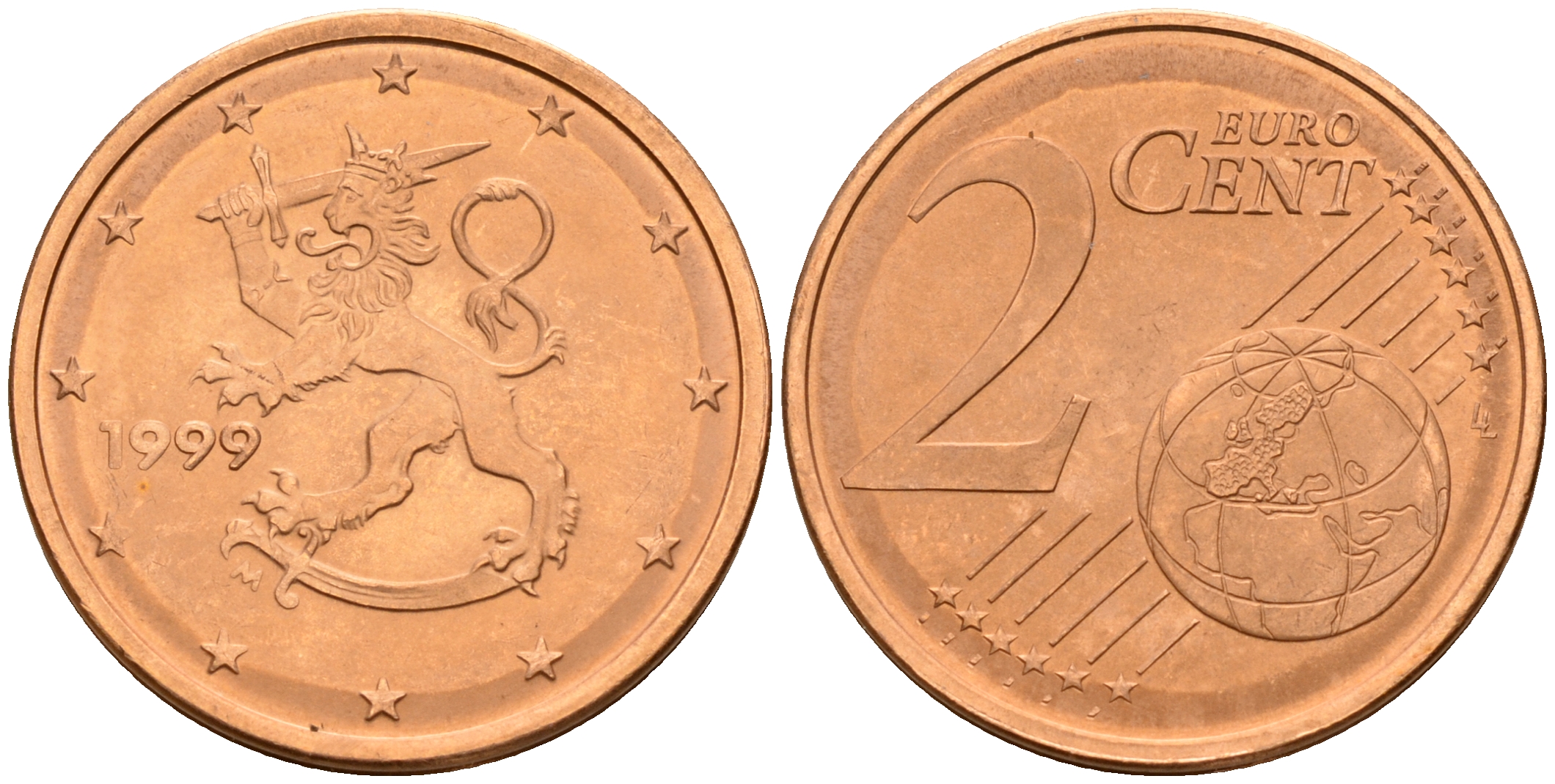 Финляндия 2 евроцента 1999  KM 99 сталь плакированная медью  UNC  4160-344