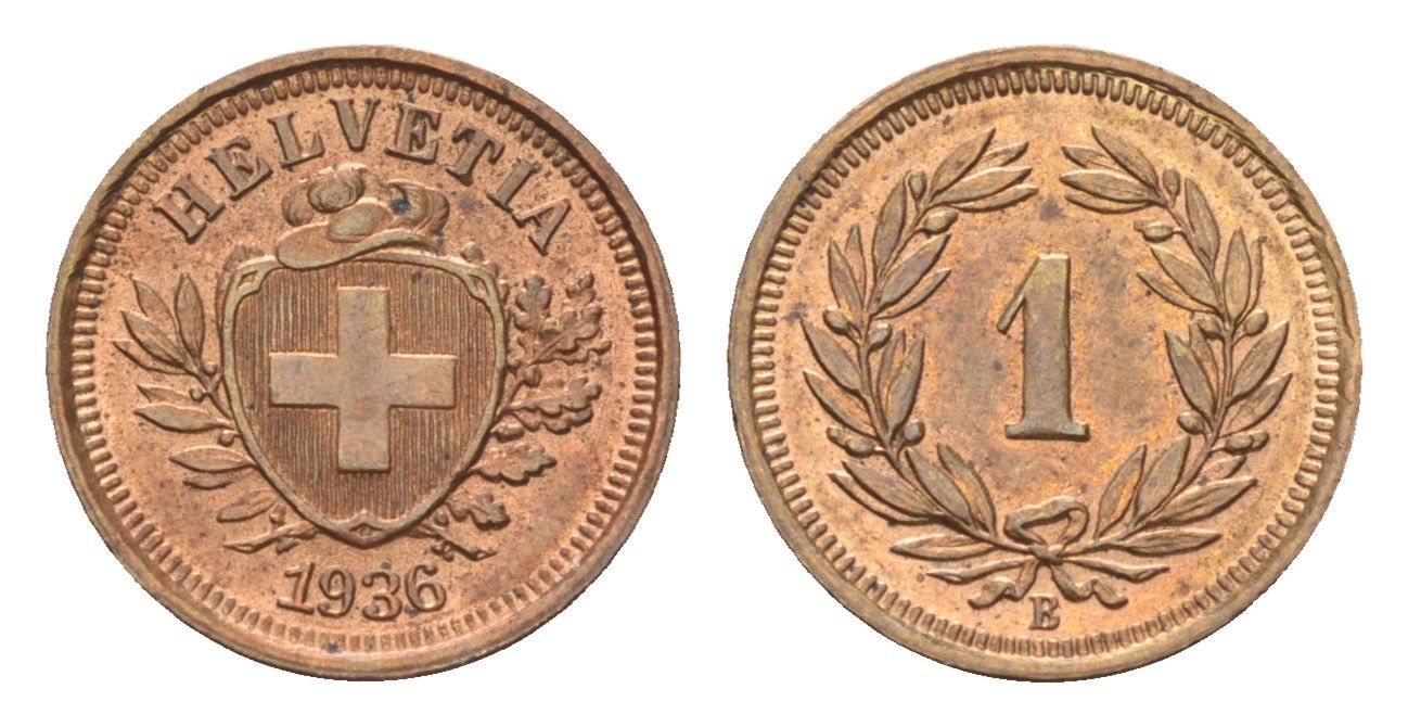 Швейцария 1 раппен 1936 B KM 3 бронза UNC 4659-921