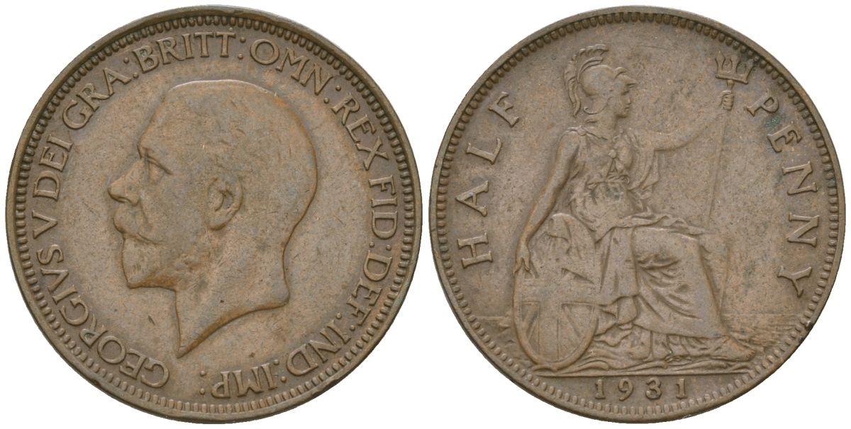 Великобритания 1/2 пенни 1931 Георг V (1910-1936) KM 837, Spink 4058 бронза 4163-1031