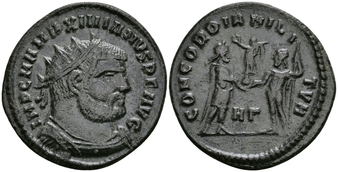 Римская Империя двойной денарий 295 - 296 Максимиан Геркулий CONCORDIA MILITVM Гераклея about Extremely fine RIC 14 бронза 1073-3-6-7