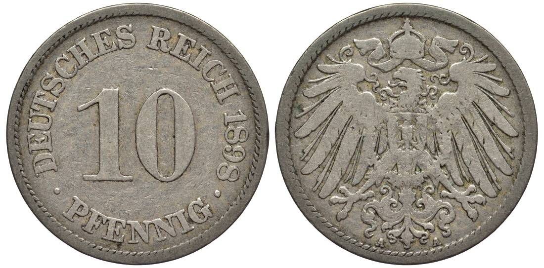 Германия 10 пфеннигов 1898 A KM 12, Jager 13, Weege 8 медно-никель 219-316