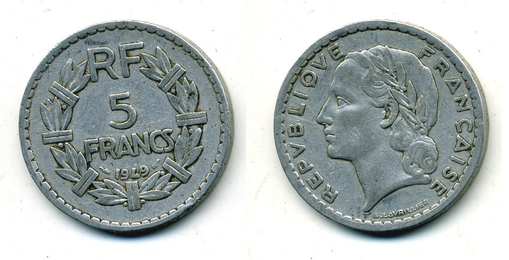 Франция 5 франков 1949 тип Лаврийе KM 888b.1, LE FRANC 339.17 алюминий 84-711