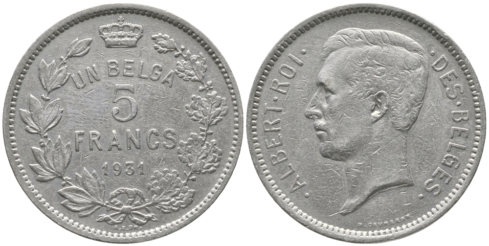 БЕЛЬГИЯ 5 ФРАНКОВ 1931 BELGES KM 97.1 никель 56-211
