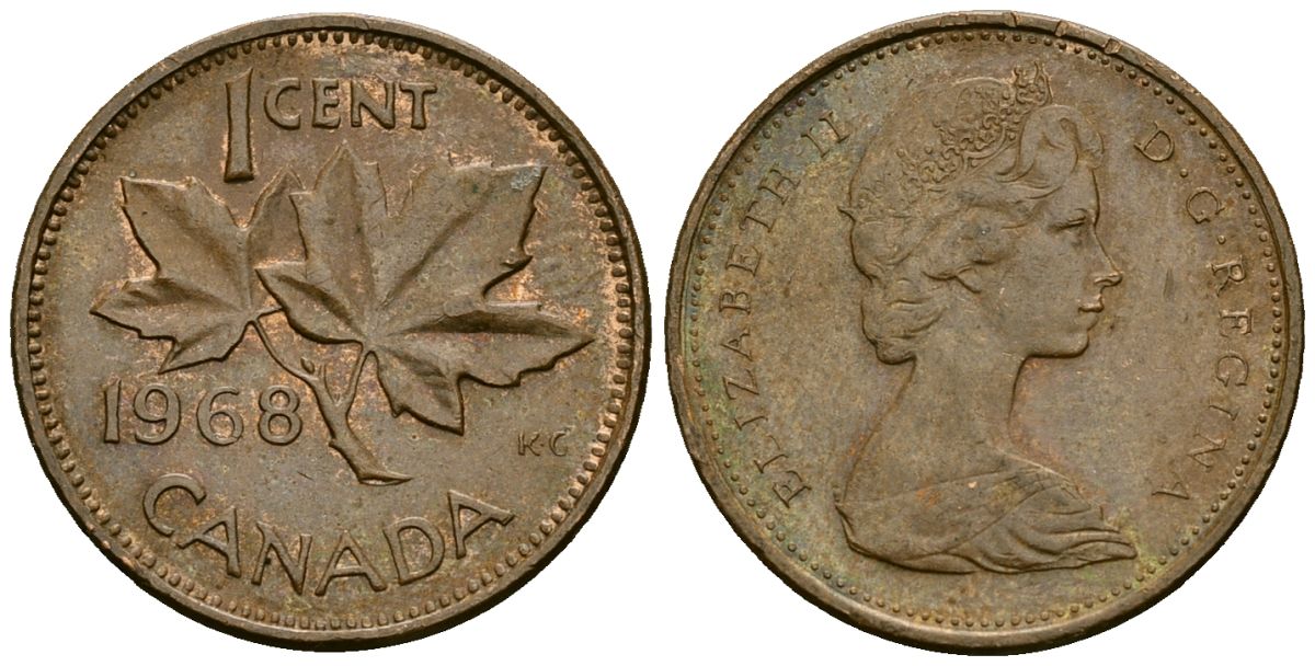 Канада 1 цент 1968 Елизавета II (1952-2022), кленовый лист KM 59.1 бронза 4174-225