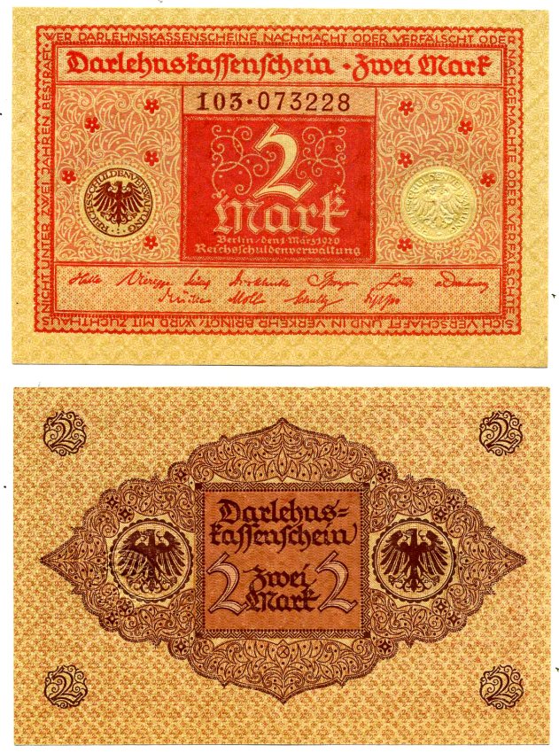 Германия 2 марки 1920 1 марта 1920, Берлин, серия 103 № 07322+ Pick 59, Розенберг 65b бумага UNC (пресс) 8616-44-1