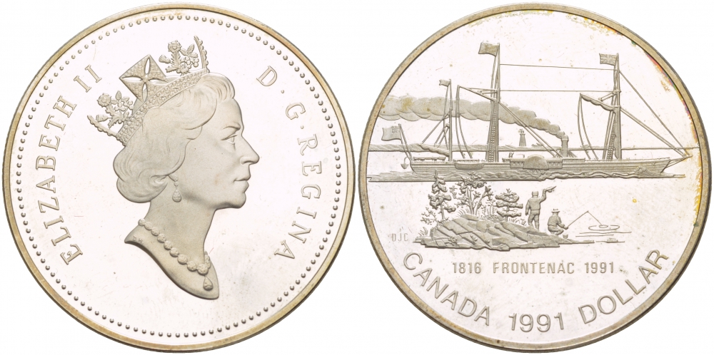 Канада 1 доллар 1991 175 лет первому пароходу "Фронтенак" KM 179 серебро PROOF 1087-6-41